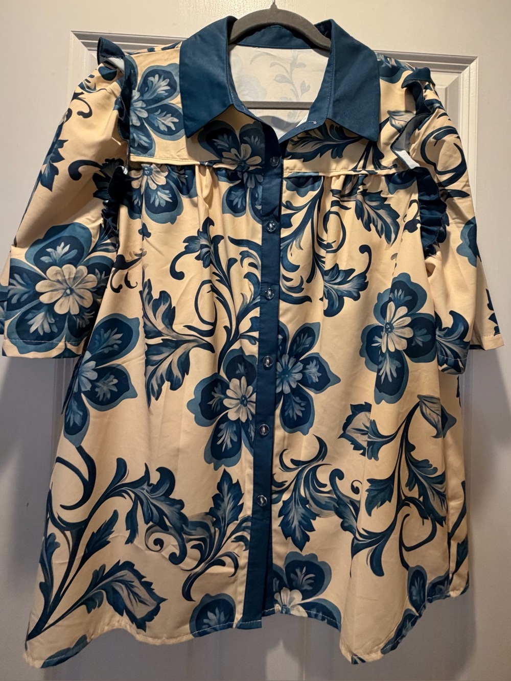Women's Cream Blouse with Blue Floral Print